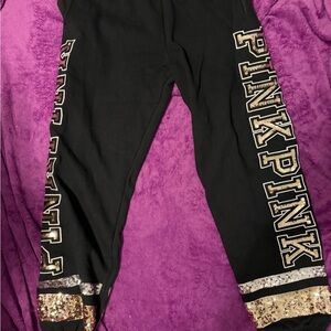 PINK Victoria's Secret Black Joggers with Gold Sequin Logo